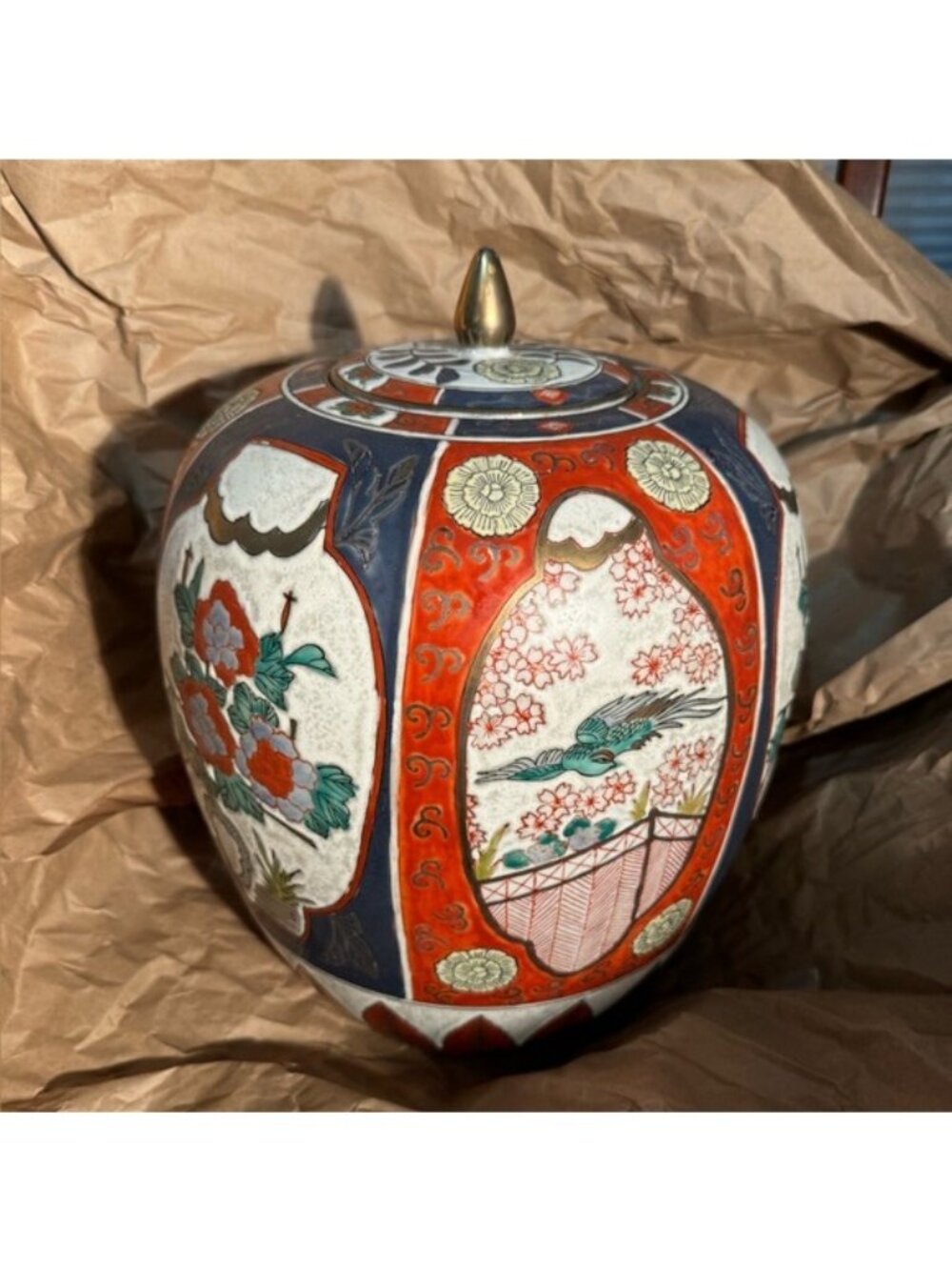 Artistic Ginger Jar with Lid and Floral and Bird Motif